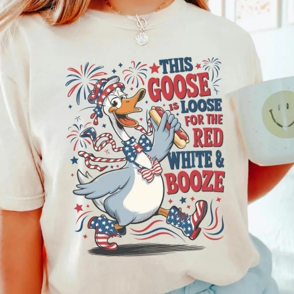 Funny Patriotic Goose Shirt Red White And Booze Tee 4th Of July Drinking Tops USA Party Tee Independence Day Clothes