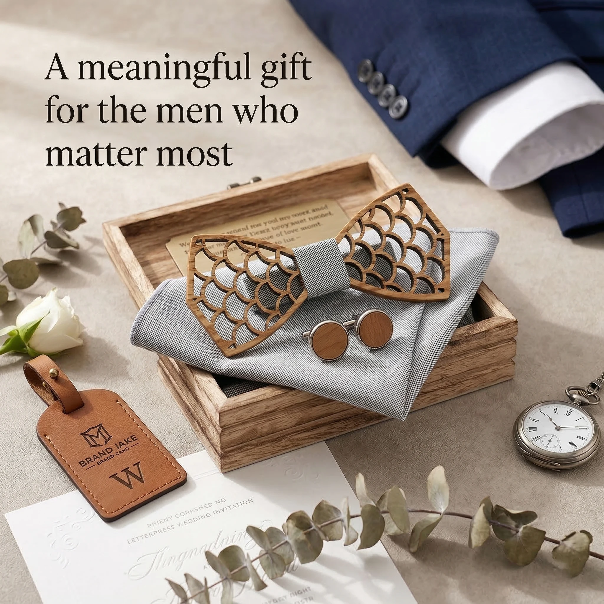 Mahoosive Men Bow Ties Wood Handmade Natural Teak Gift Box Pocket Square Cufflinks Formal Business Christmas Gift