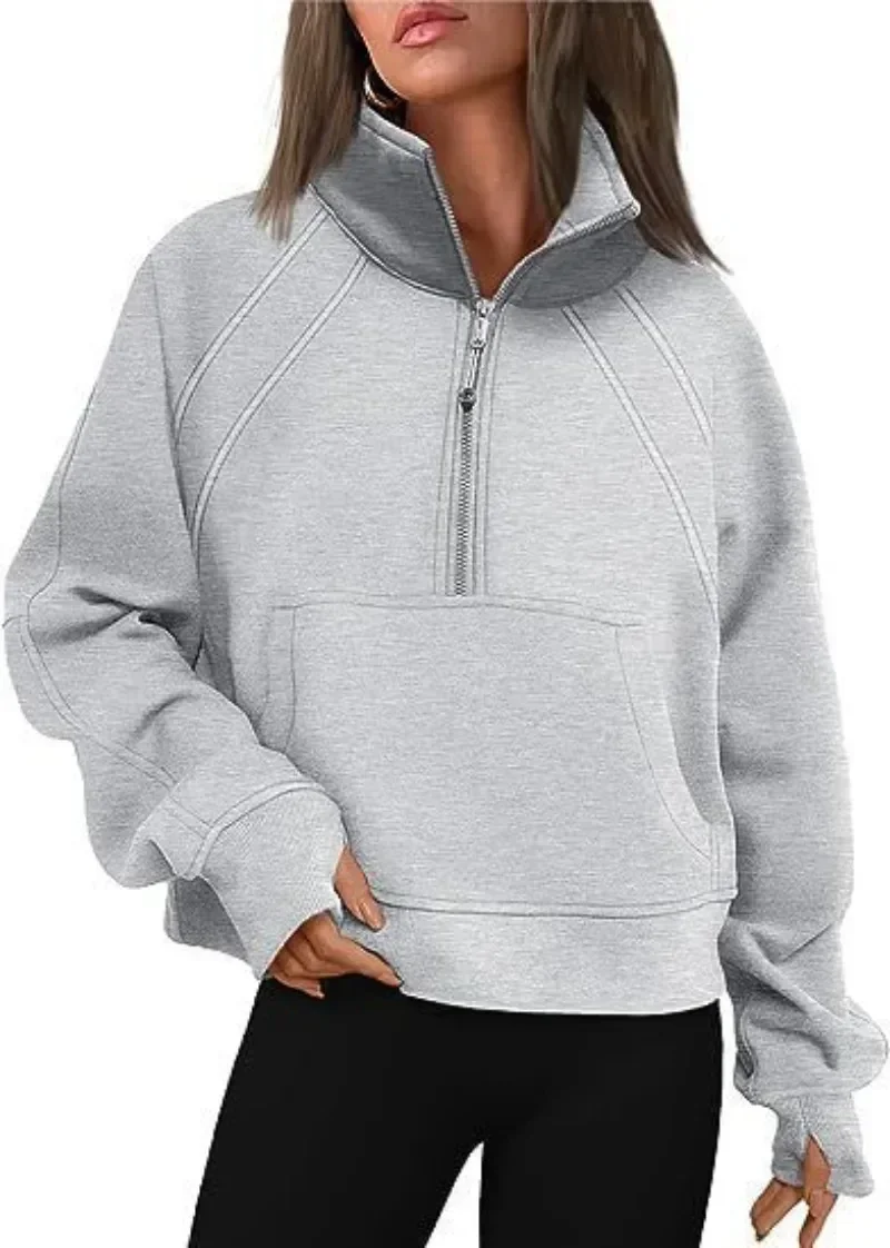 2024 New Half-zipper Short Stand Collar Plus Fleece Solid Color Hoodie