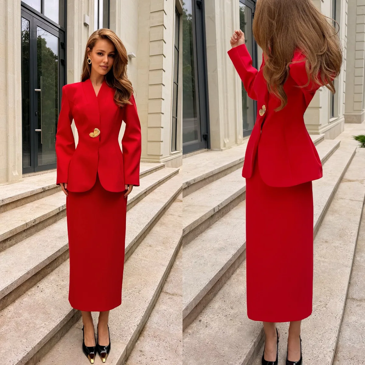 Elegant Women's Evening Dresses Suit Gowns One Button Jacket Skirt For Female Satin 2 Pieces Suit Customized M929