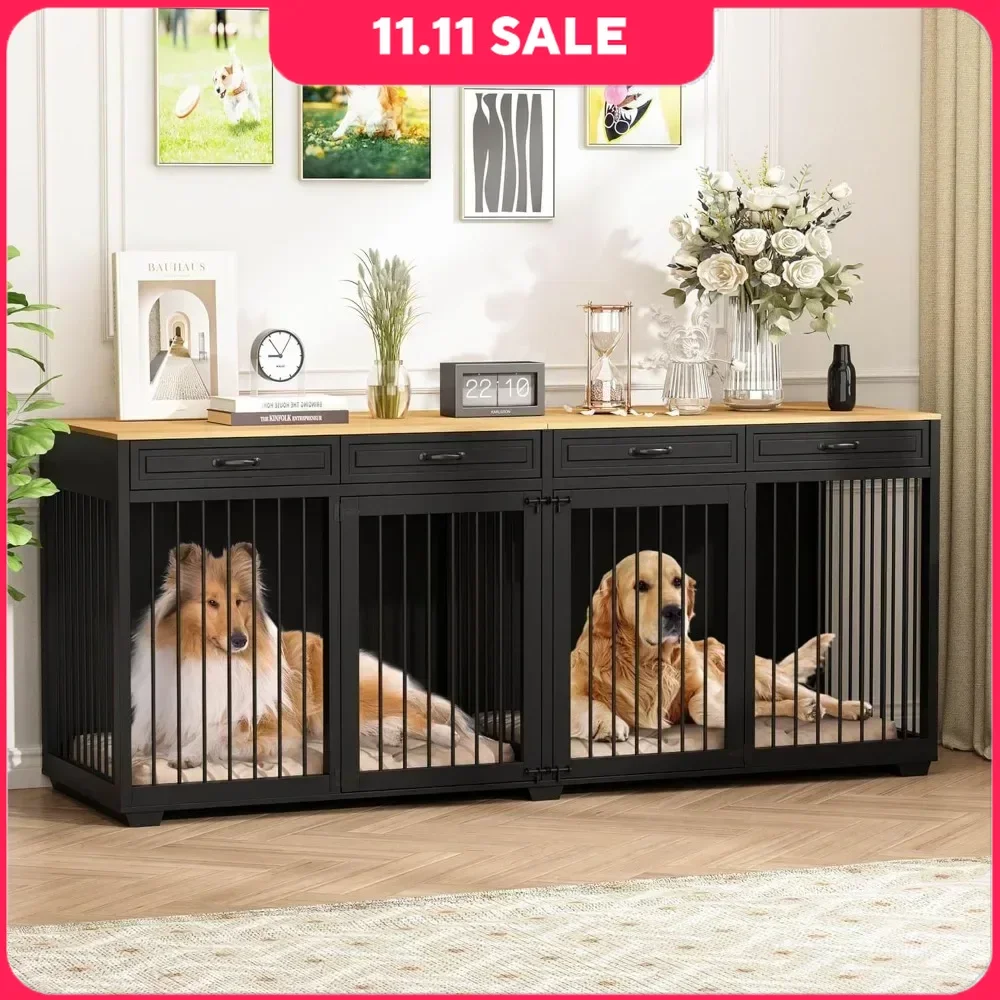 Dog Crate Furniture, 93 Inch Wooden Dogs Kennel with Drawers & Removable Divider, Luxury Double Rooms Dog House