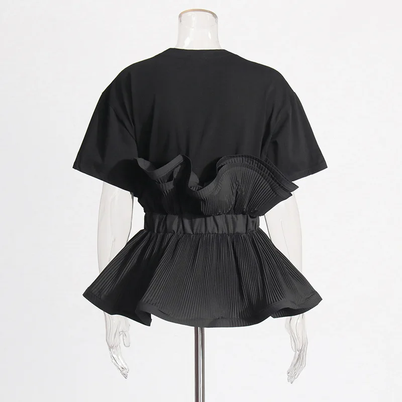 HKSH Sommer Neue Frauen T-shirt Oansatz Kurzarm Patchwork Rüschen Taille Cinching Slim Fit Elegante Chic High Street Top HK12187