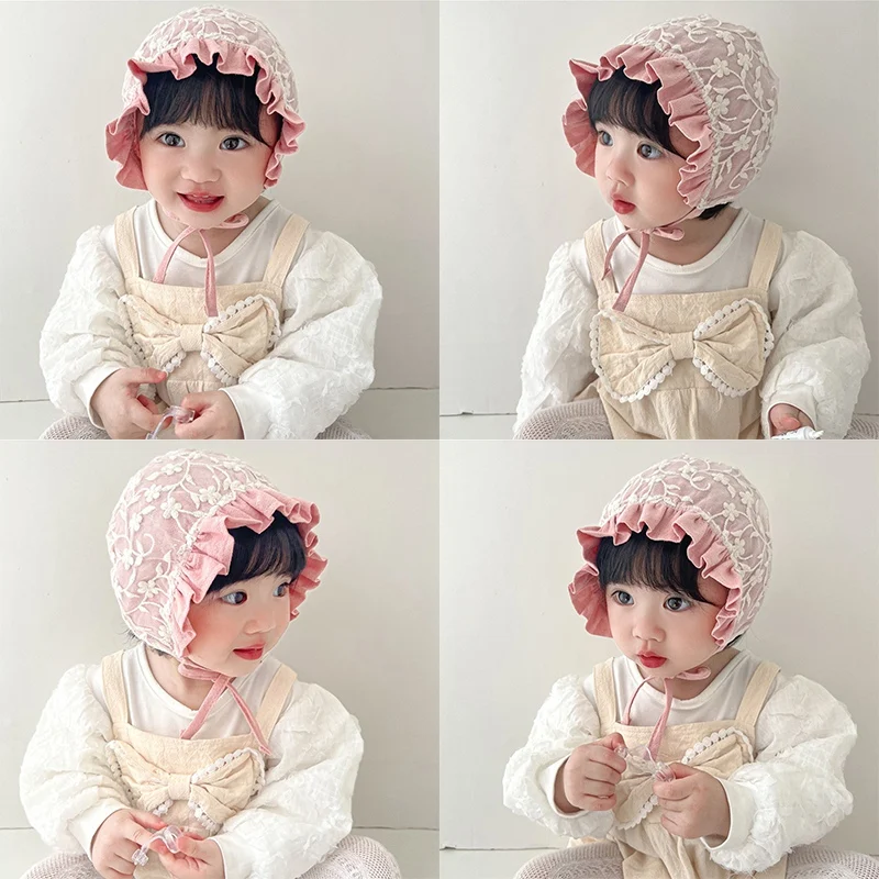 3-12M Flower Embroidered Baby Lace Hat Newborn Infant Summer Hat Girls Soft Beanie Bonnet Mesh Casual Caps Princess Headwears