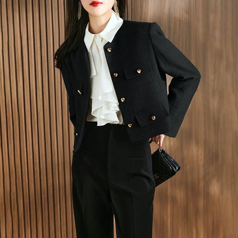 Short Black Coat Female Spring And Autumn Thin Overcoat 2024 New High-Grade Sense Blazer Round Collar Temperament Jacket