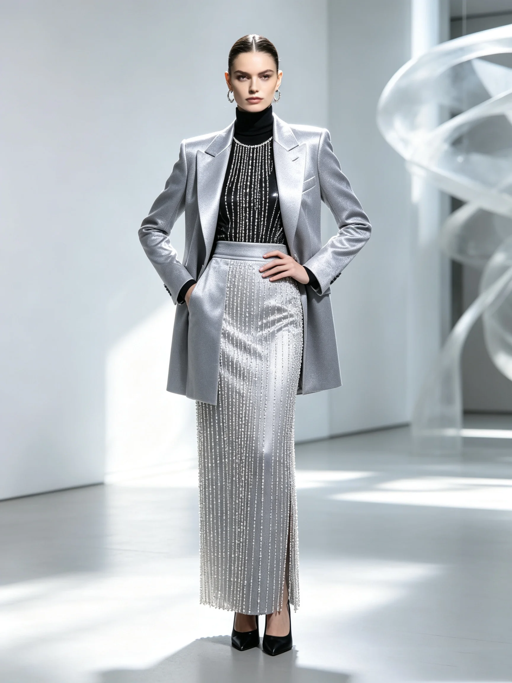 Silver Shiny Women Suit Skirt Set 2 Pcs Crystal Blazer+Prom Dress Wedding Formal Office Lady Jacket Customized Bridal Guest Coat