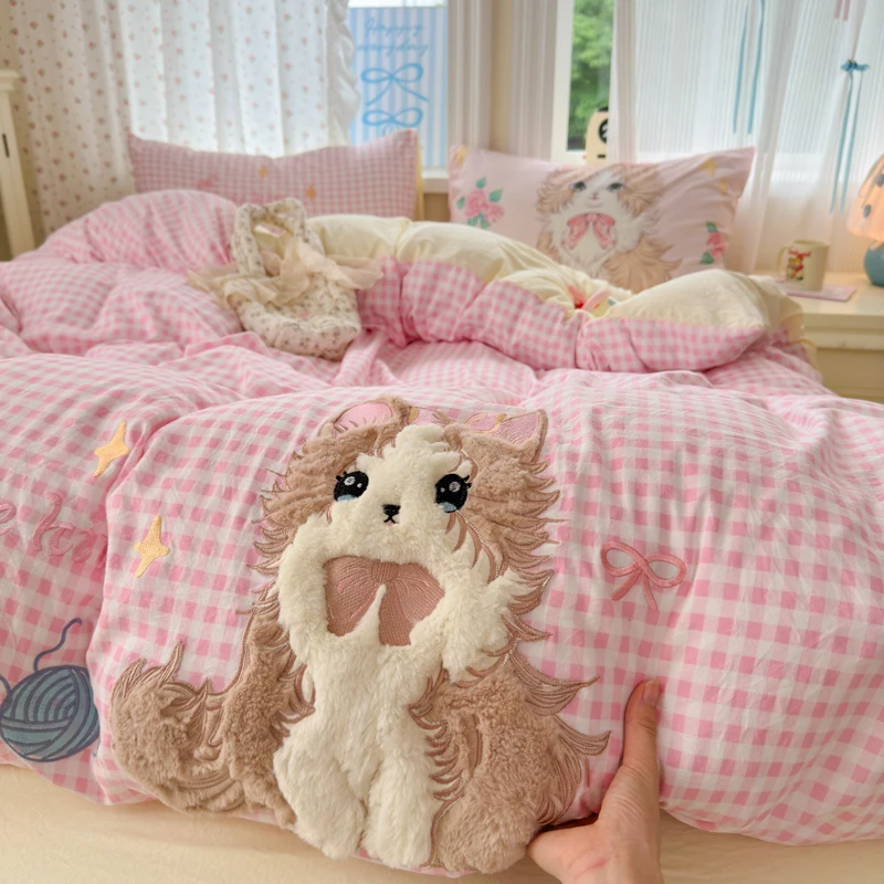 

Cute Pink Cartoon Cat Bow Towel Embroidery Girls Kids Bedding Set Washed Cotton Soft Duvet Covers Bed Sheet Pillowcases 3/4Pcs