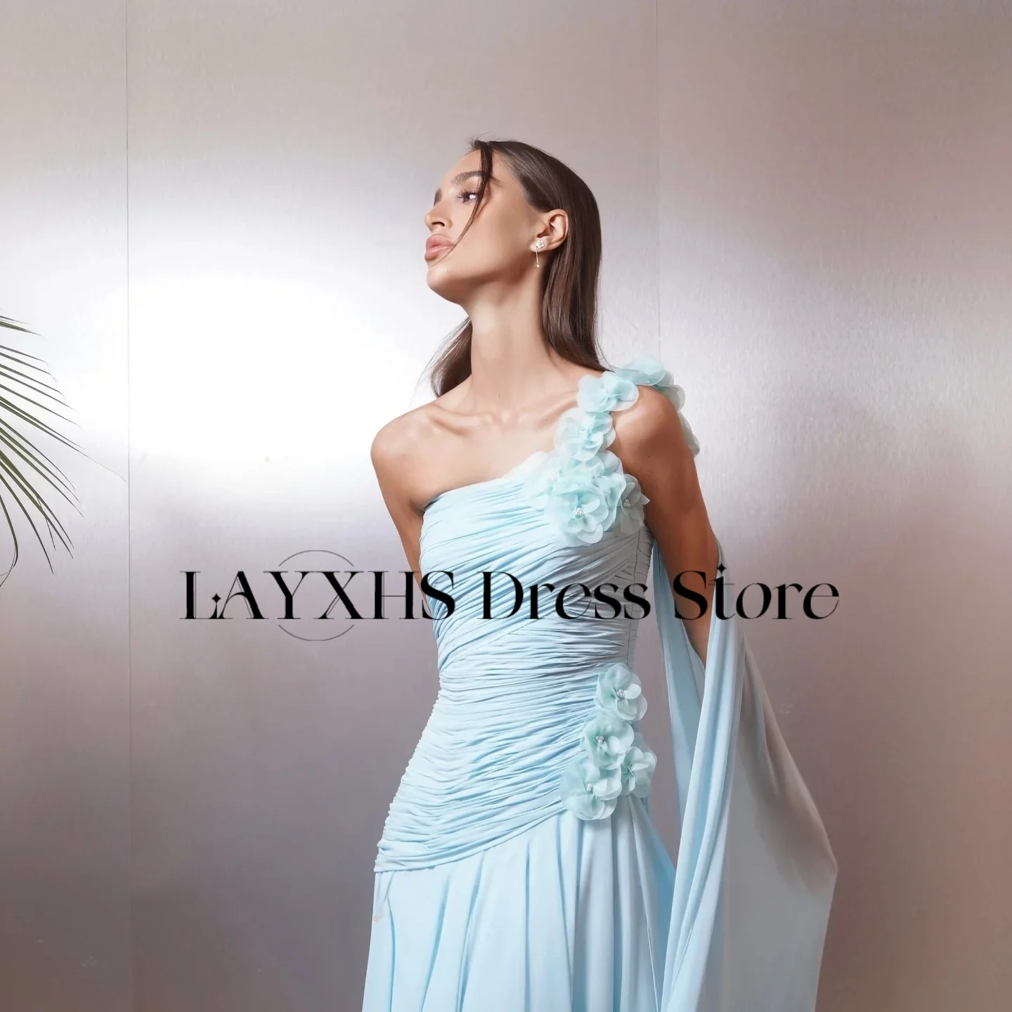 LAYXHS Exquisite blaue One-Shoulder-Abendkleider mit 3D-Blumenfalten für Damen, Party-Abschlussball-Kleider, individuell gestaltet
