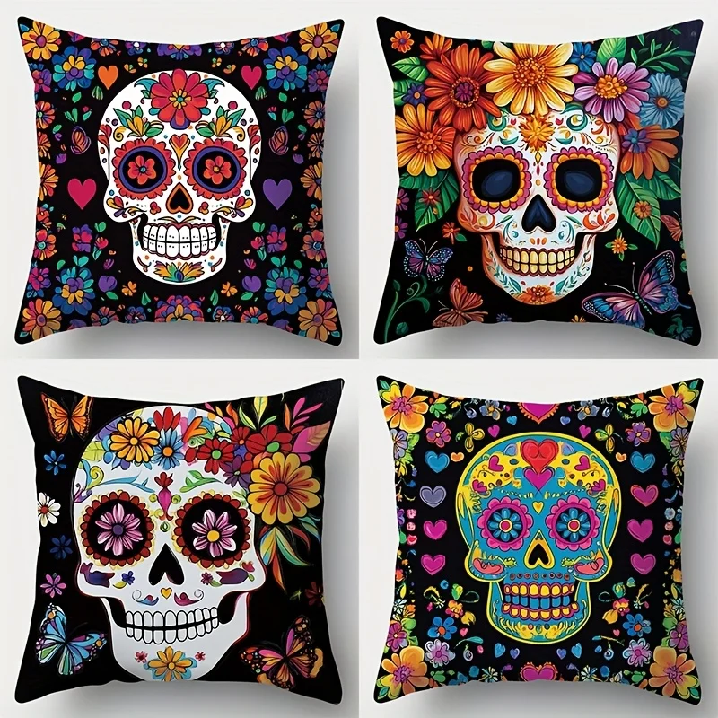 Juego  4 fundas  almohada estampadas, incluye diseños  calavera, flor, mariposa y otros. Ial para coración  habitaci