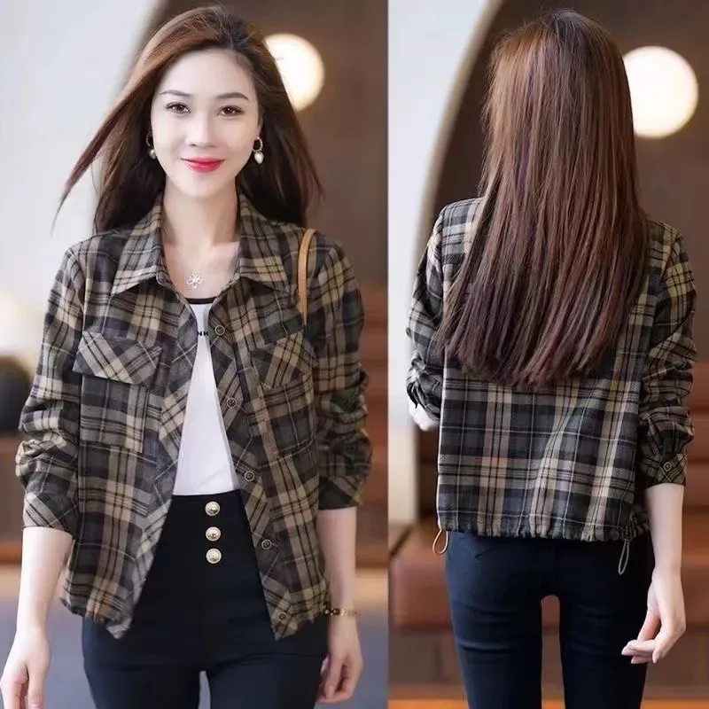 Temperament Simple Plaid Short Shirt Coat Women 2024 Spring Autumn New Outwear High-Quality Loose Jacket Casual Female Trend Top