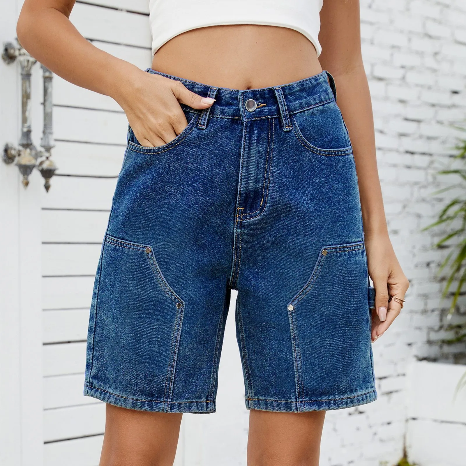 

2025 Straight Pants Women Vintage Jeans Knee Length Trousers Mid Waist Washed Distressed Pockets Denims Female Streetwear