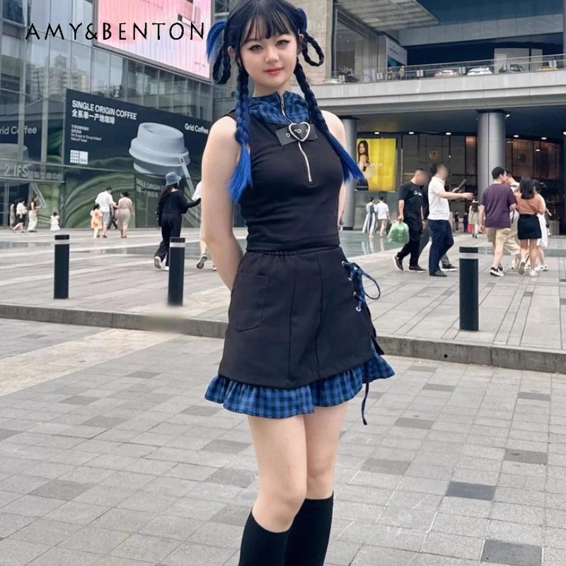 

Original Design Y2K Blue Black Plaid Splicing Women's Vest New Subculture Punk Loose Exercise Short Skirts Hot Girl Set Ladies
