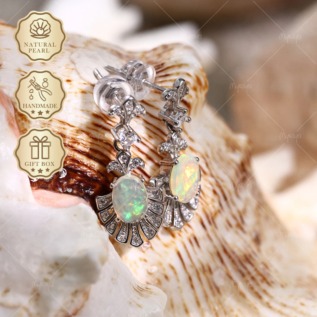 Mysoya S925 Oval Earrings White Opal 5x7mm 1.14ct Gift Box October Birthstone Birthday Jewelry SC10