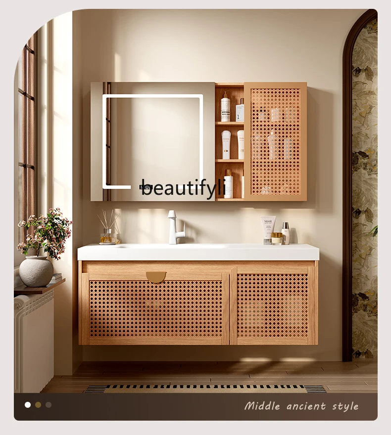 

Japanese-Style Rattan Cabinet Combination Log Style Bathroom Table Hand Washing