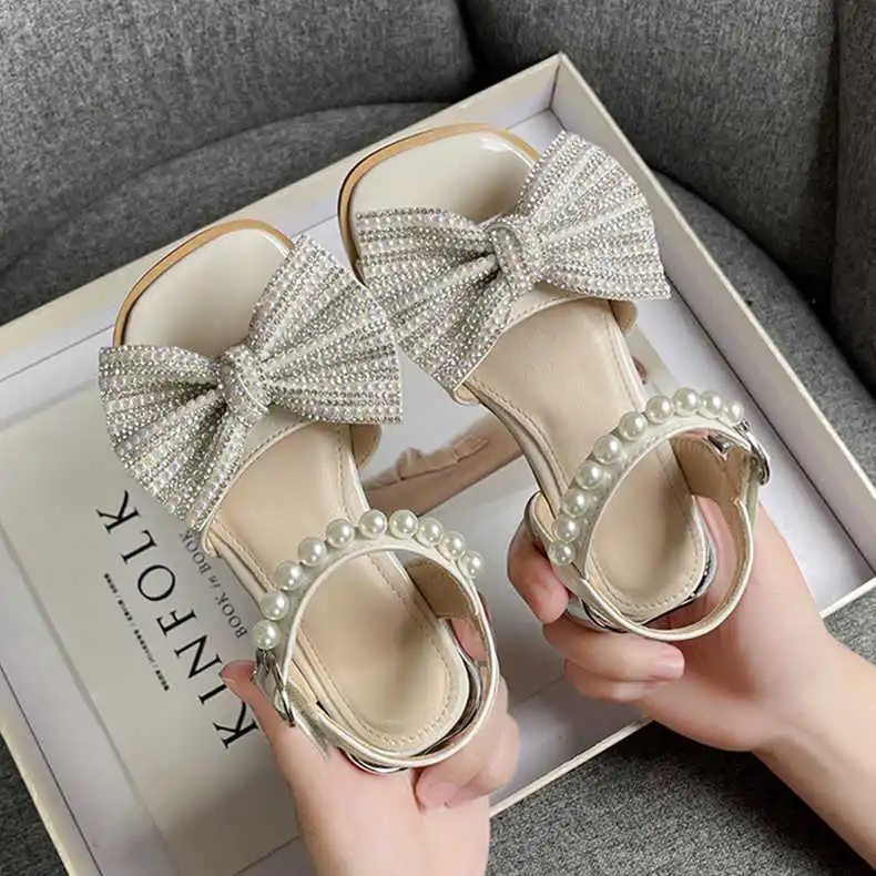 Girls Summer Fashion Sandals 2024 New Fashion Cute with Pearls Big Bownot Princess Shoes Trendy Square Heel All-match Sandals