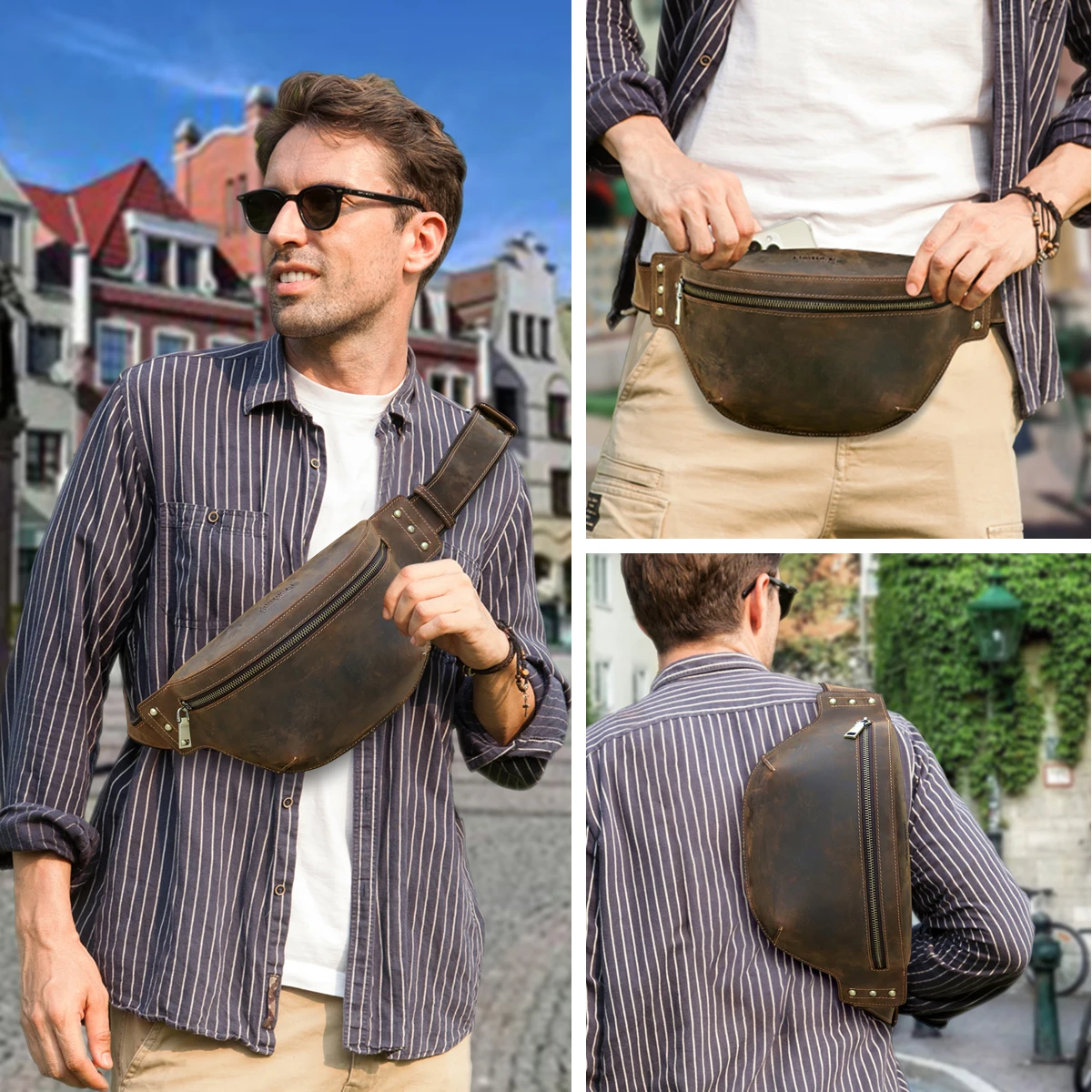 CONTACT'S Genuine Leather Waist Bags Crazy Horse Leather Men Waist Pack Hip Bum Bag Crossbody Bag Travel Bag for 8.3