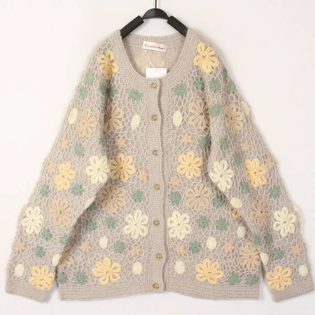 

Vintage Double Layer Hollow out Hook Flower Sweater Women's Sea Wool Knitted Warmth round Neck Long Sleeve Cardigan