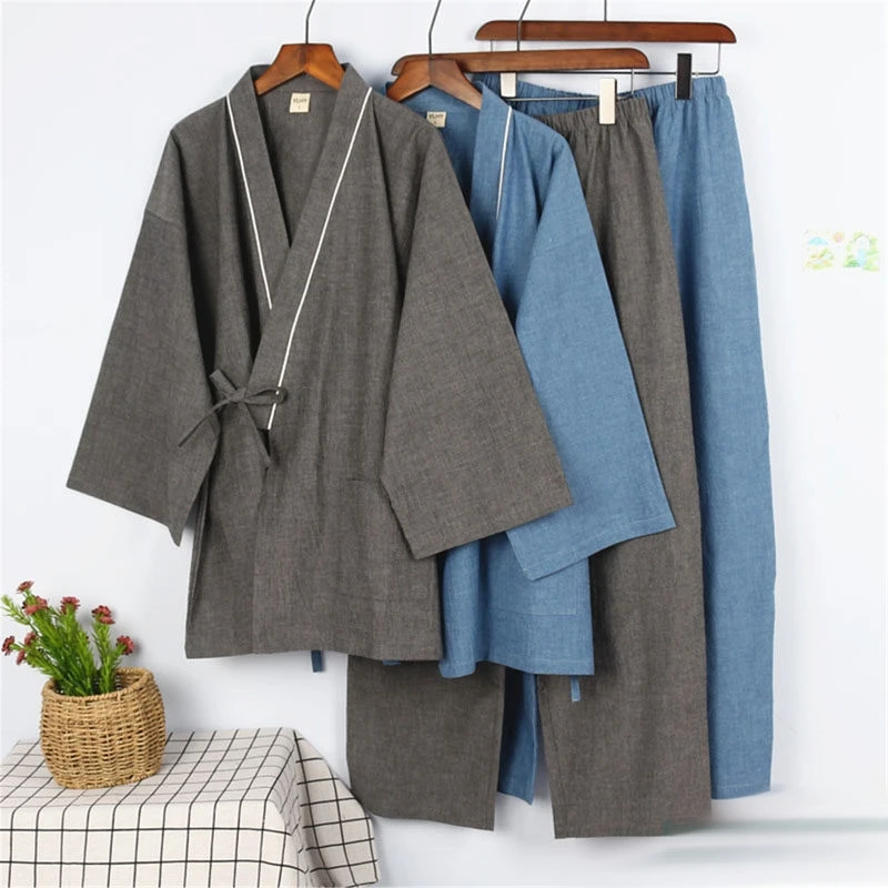 Spring Autumn Pyjamas Men Japanese Kimono Pajamas Set Sleepwear Women Bathrobe Loose Lace-Up Top Pants Two-piece Homewear Suit