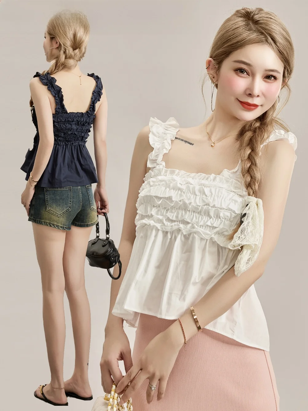 

Korean Sle Sweet Aosphere Wood Ear Doll irt Square Collar Strap Vest irt Women Summer Thin UV Protection ort S...