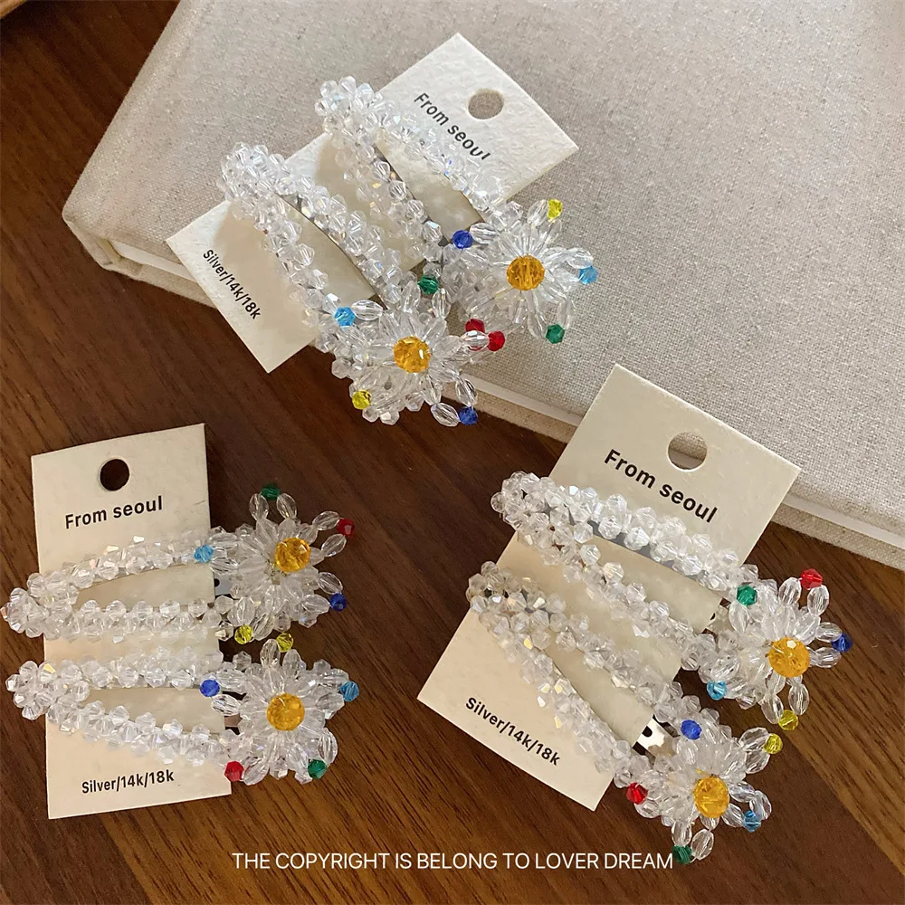 Clear Colored Crystal Bead Flower Hair Clip Cute Sweet Side Fringe Clip for Women Non Slip Soft Premium High Quality