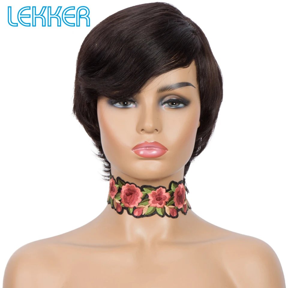 Lekker التخليص الأسود قصير عابث قطع 100% خصلات الشعر المستعار الإنسان للنساء البرازيلي شعر ريمي آلة كاملة صنع لا الغراء شعر مستعار مستقيم