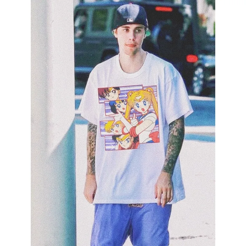 

Винтажная свободная футболка с короткими рукавами и мультяшным принтом SailorMoon для мужчин и женщин