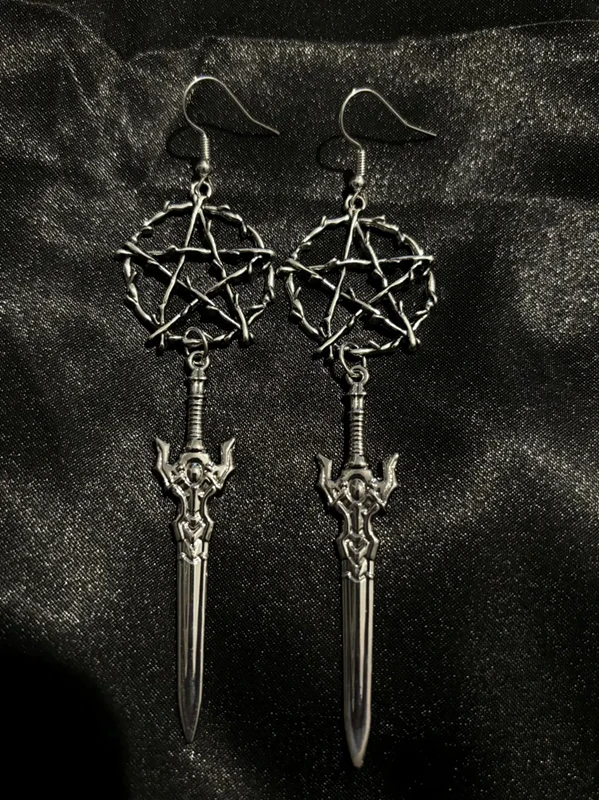 Gothic Wicca Pentagram Death Sword Earrings Jewellery Goth Fairycore Halloween Witchy Occult Alternative Medieval Women Gift