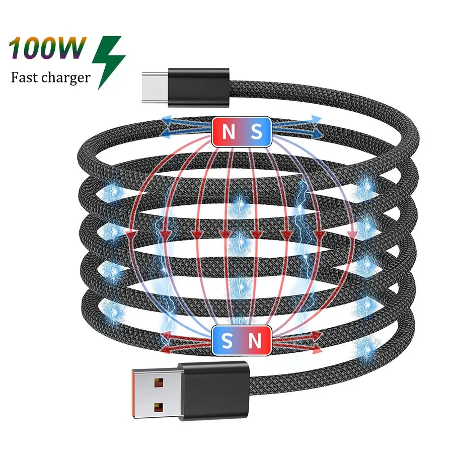 100W USB C Cable Fast Charging Magnetic Suction Anti Winding Wire Mobile Phone Wires Cable For Huawei Type C Data Charge Cable