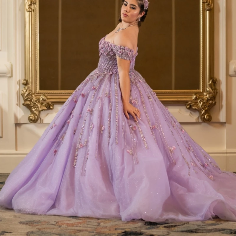 

Lilac Shiny Quinceanera Dresses Off The Shoulder Flower Beading Crystal Tull Party Birthday Sweet 16 Dress Vestidos 15 Anos
