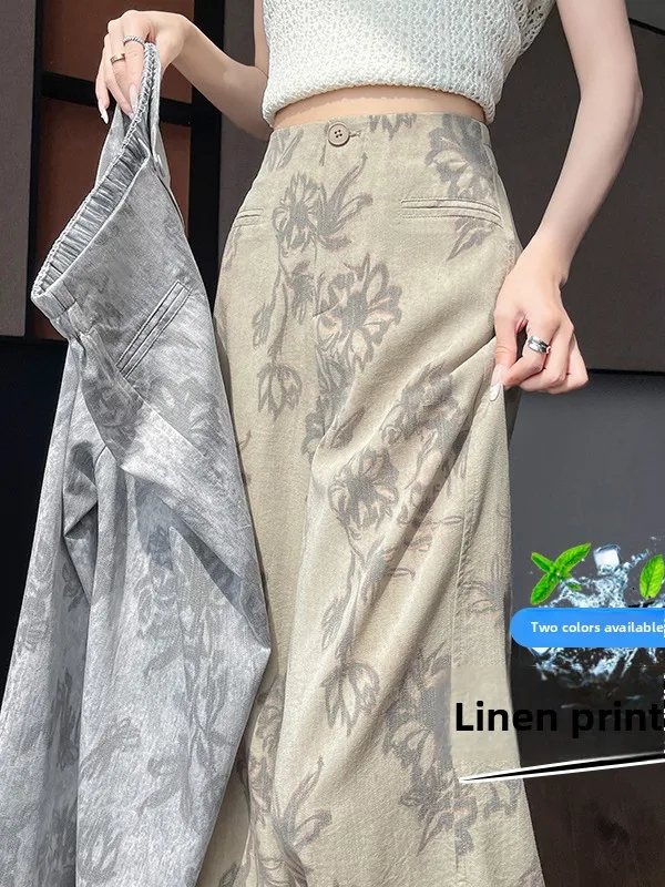 

Женские летние комфортные прямые брюки из льна с принтом, с высокой талией, свободные, струящиеся, из ледяного шелка, широкие, в пол, в стиле ретро