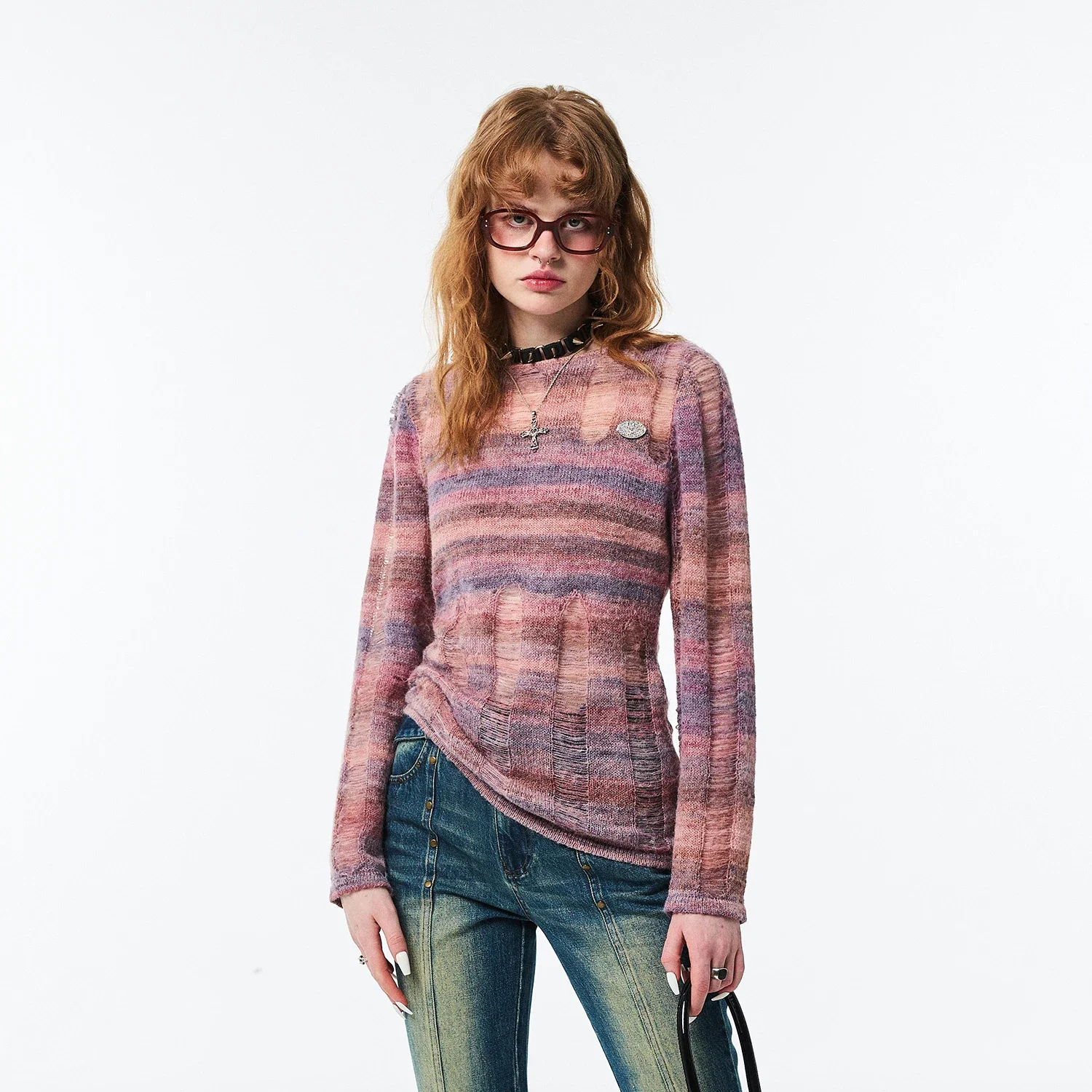 

Contrast Color Striped Sweater round Neck Hollow-out Breathable American Retro Knitted Top