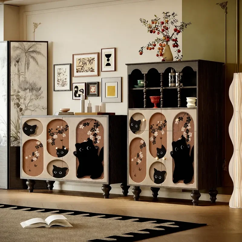 Cream Style Cat Solid Wood Dining Side Cabinet Cute Locker Living Room Kitchen Storage Integrated Cabinet
