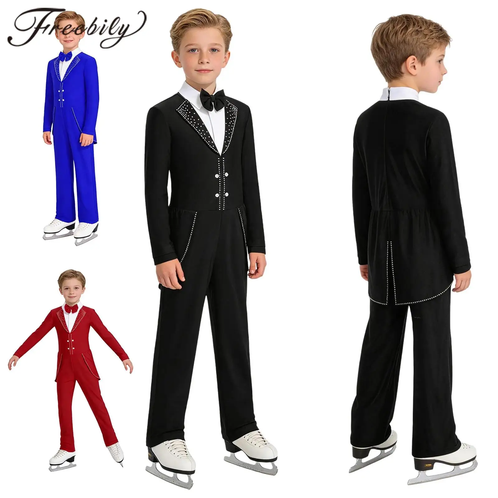 Kids Figure Skating Performance Costume Gymnastic Jumpsuit Children's Dance Party Prom Gentleman Costume Boys Tuxedos Jumpsuits