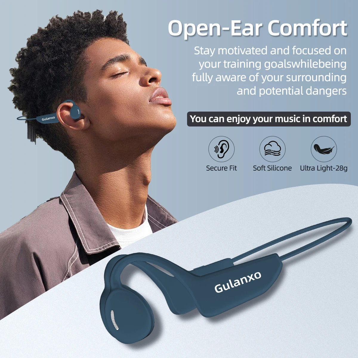 Gulanxo-T6 bone conduction earphones, wireless Bluetooth earphones, 15H battery life with microphone, sports earphones