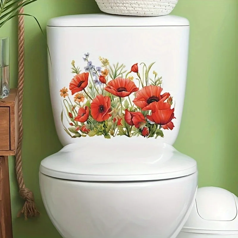 MT1388# Floral Toilet Decal - Plastic, Non-Electric, Red Poppy Bathroom Decoration, Self-Adhesive Toilet Lid Cover Sticker, Home