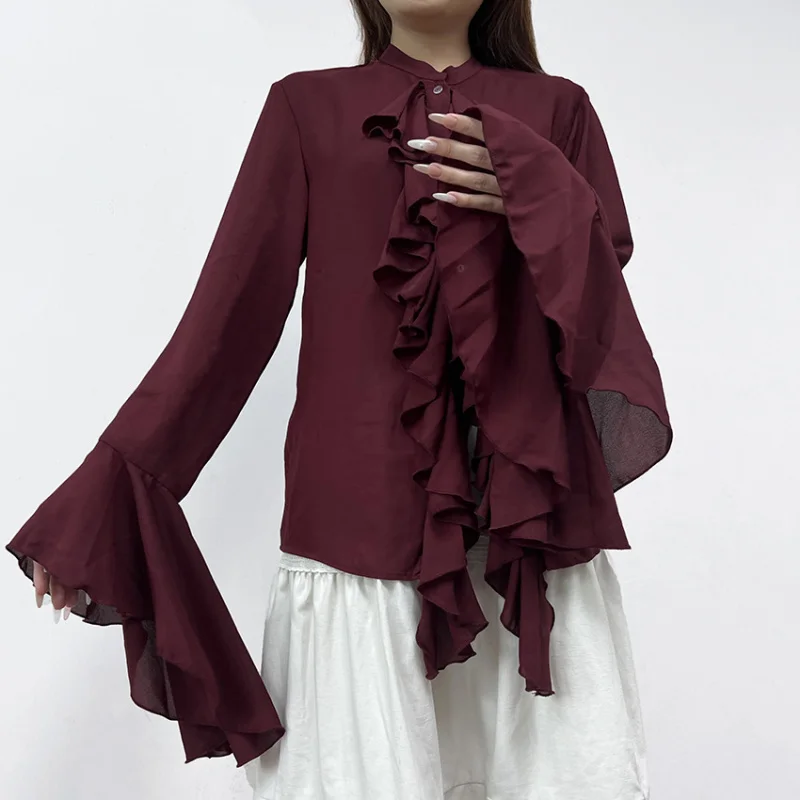 

New Summer European and American Style Ruffled Long Sleeve Women Fashionable Elegant Burgundy Shirt