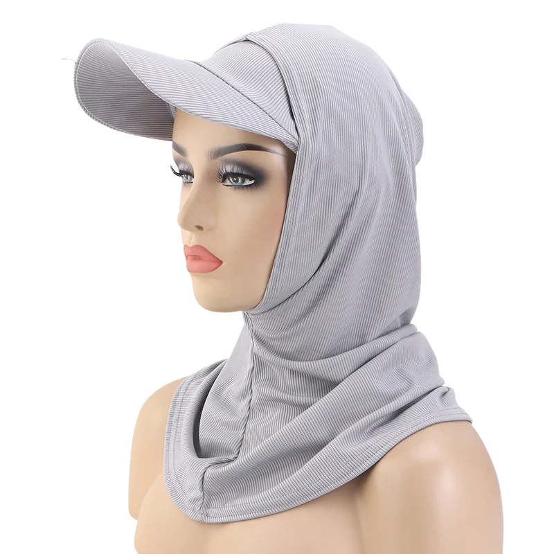 女性用ムスリムヒジャブ2点セット アミラスタイル帽子付きヘッドスカーフ インスタントターバン ヘッドネックカバー アウトドア日よけフード付きラップ 女性用