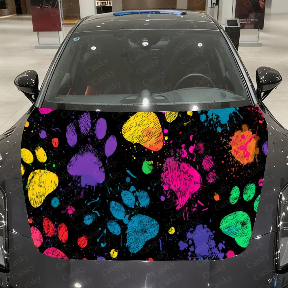 Bold Rainbow Paw Splatter Color Design Car Hood Stickers, Decorative Pattern Car Stickers, Car Self-adhesive Scratch Resistant D