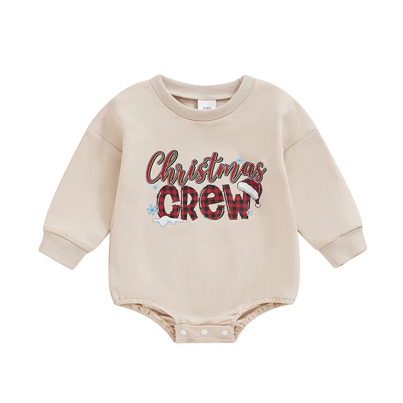 

Baby Christmas Romper Long Sleeve Crew Neck Plaid Letter Print Bodysuit Newborn Playsuit