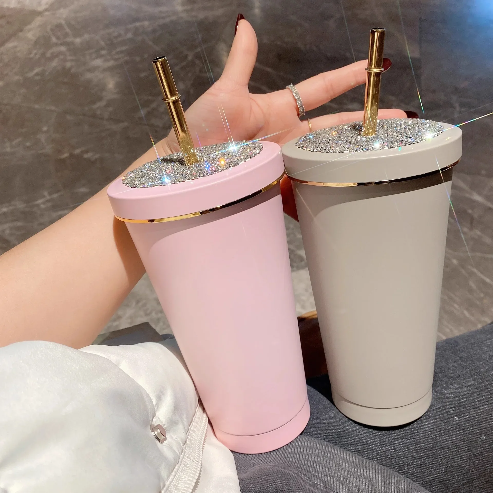 500ml Stainless Steel Thermos Straw Coffee Mug Bling Diamond Juice Milk Tea Cold Cup Large Capacity Water Bottle With Straw Gift