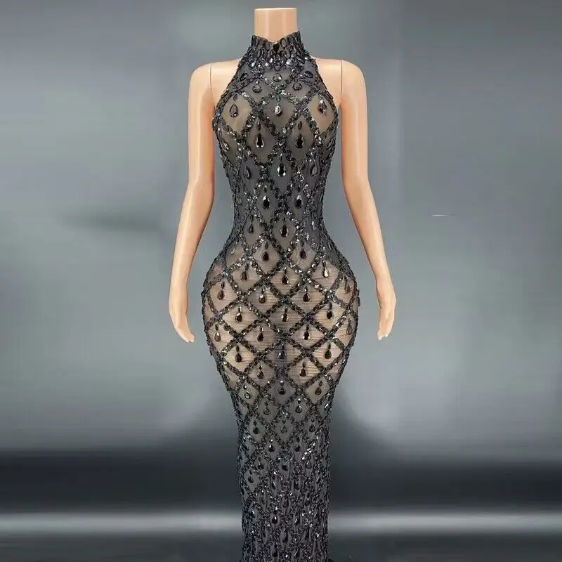 

Sparkly Rhinestones Sleeveless Long Dress Elegant Dark Mesh Celebrate Evening Wedding Prom Gown Birthday Dress Photograph Wear