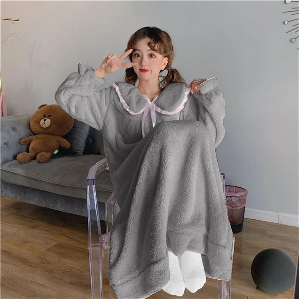 Korean Fashion Coral Fleece Nightgowns Women Sweet Hooded Homewear Thick Warm Winter New Bow Lace Lovely Midi Solid Soft Female