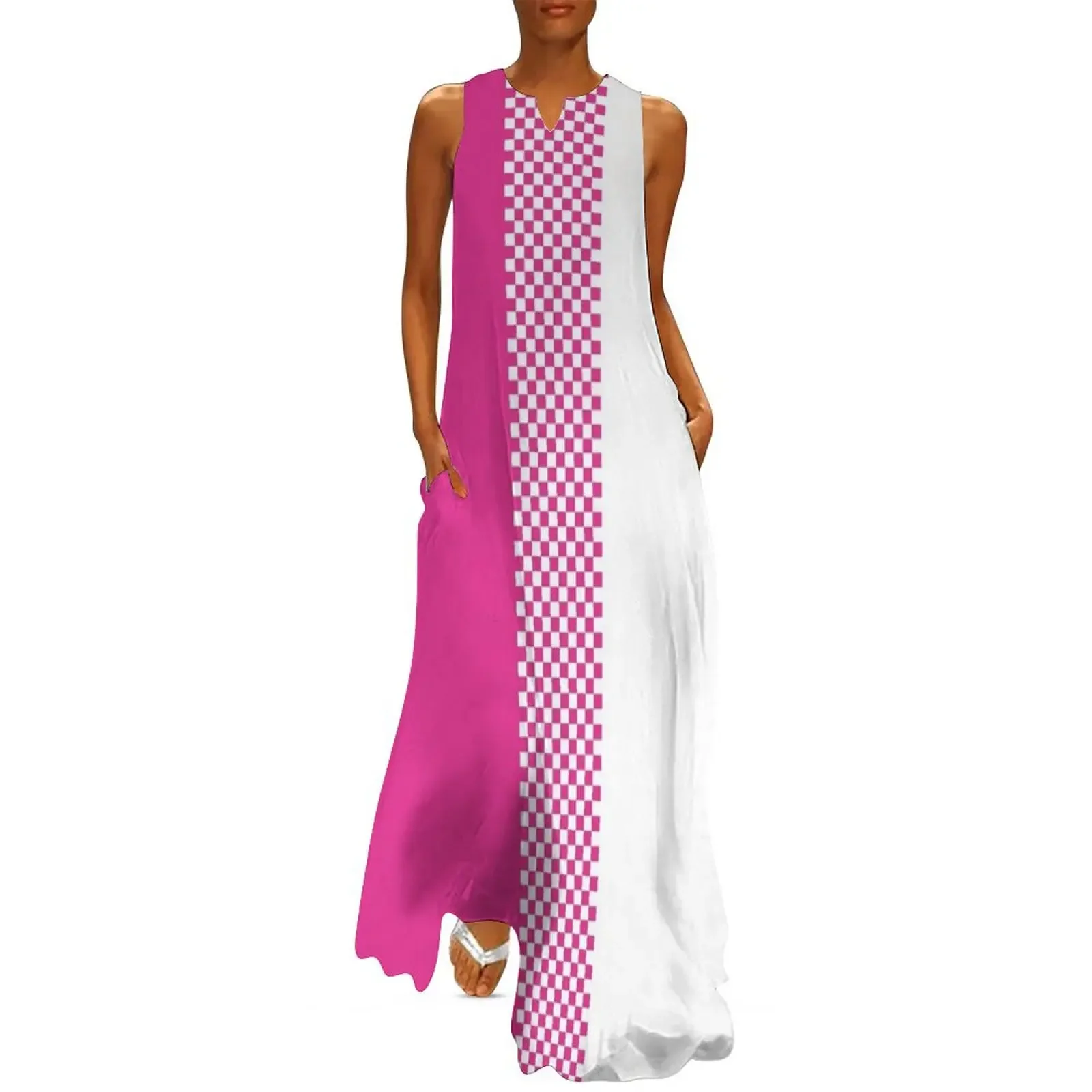

60's, 70's, 80's, Retro Pink and White Colorblock Checkerboard Stripe Long Dress dresses summer Dress