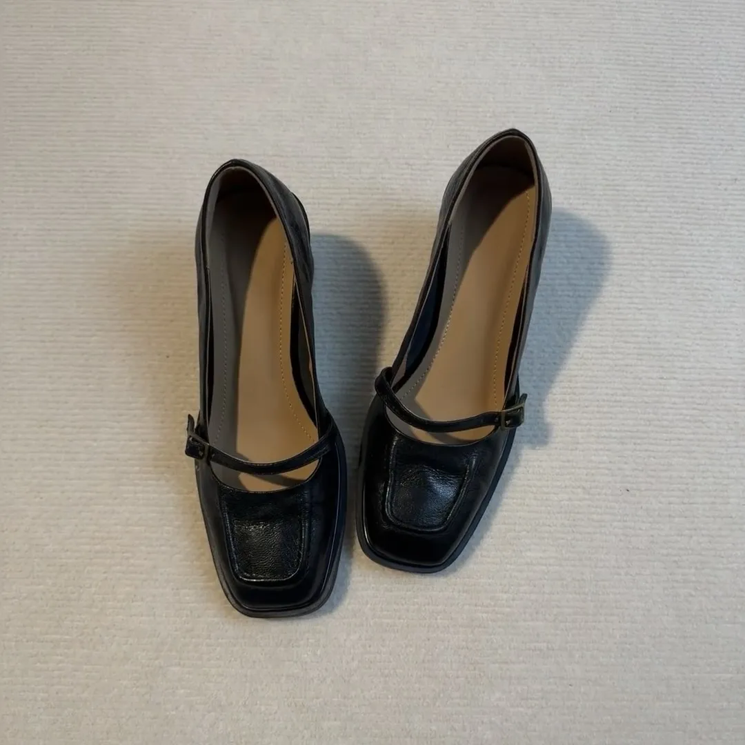 

Кожаная версия ~ Новые туфли без шнуровки в французском стиле ретро с квадратной головкой, женская элегантная женская обувь Мэри Джейн на высоком каблуке с одним ремешком