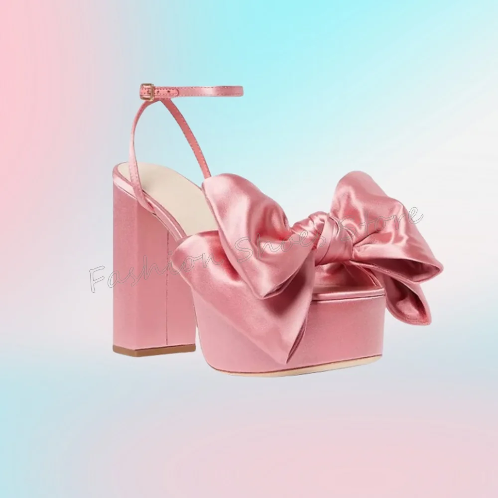 

Pink Platform Bow knot Decor Sandals Ankle Buckle Thick Heel High Heel Shoes for Women Sexy Heels 2025 New Zapatos Para Mujere