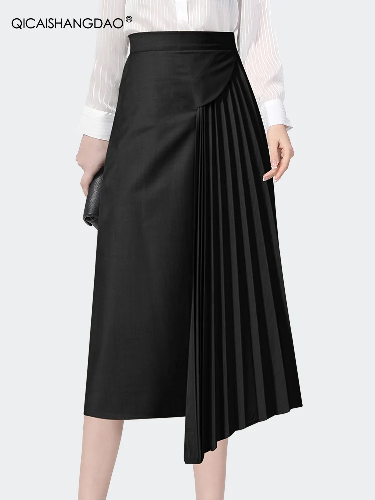 Fashion Patchwork Solid Color High Waist A-line Pleated Skirt Womens Spring Summer Mid-length Office Ladies Straight Skirts