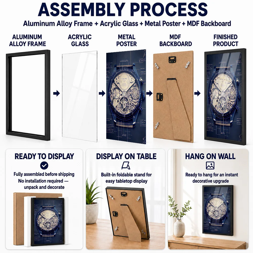 Imaginary Watch Blueprint Framed Aluminum Metal Poster Customized Photo Elegant Timepiece Style Wall Art For Study Luxury Gift
