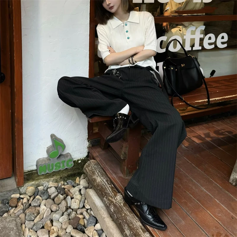 Women's Retro Embroidery Pattern Stripes Commuter Pants Cool Girl Summer Trousers High Waisted Bottoms Female Vintage Sweatpants