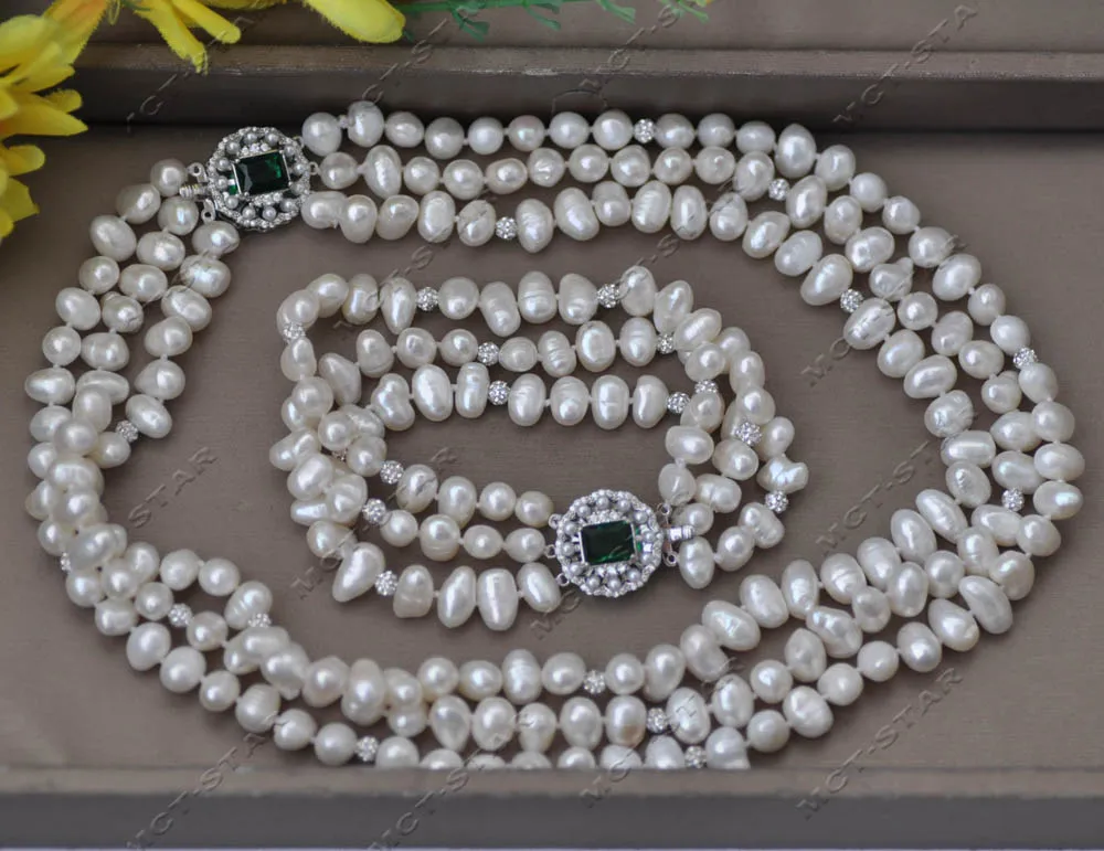 

Z13290 Set 3Row White Baroque Freshwater Pearl CZ Bead Necklace Bracelet Emerald Custom Jewelry