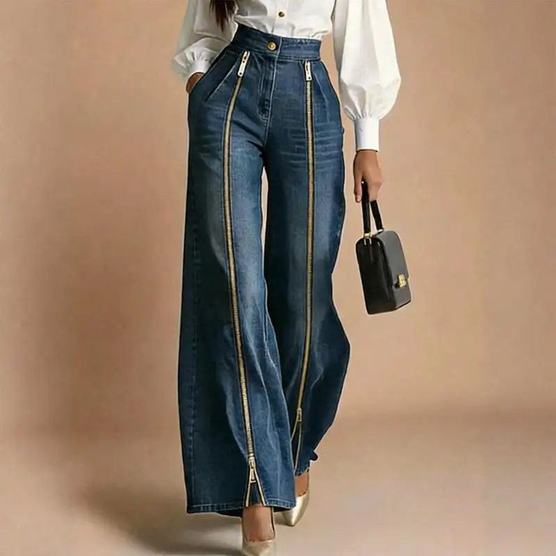 2026 Autumn Women's High Waisted Gold Zipper Wide Leg Straight Tube Fashionable Casual Loose Slanted Pocket Denim Pants
