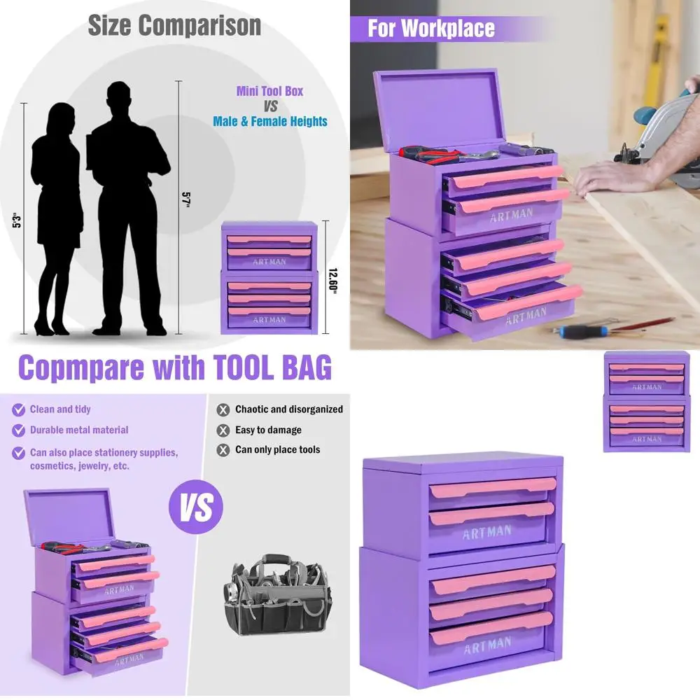 

Portable Metal Desktop Tool Chest with Stackable Drawers for Office and Small Parts Storage in Purple Pink